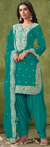 Designer Rama Green pure silk Patiala Suits with deatiled embroidery work